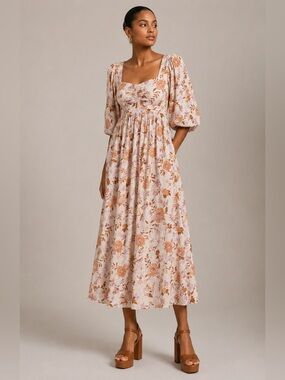 Billabong NWT Floral Smocked Midi Cottagecore Puff Sleeve S nap dress style